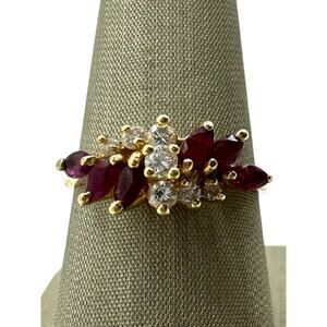 14K Yellow Gold Marquise Red Stone & .15cttw Diamond Cluster Ring (18852)